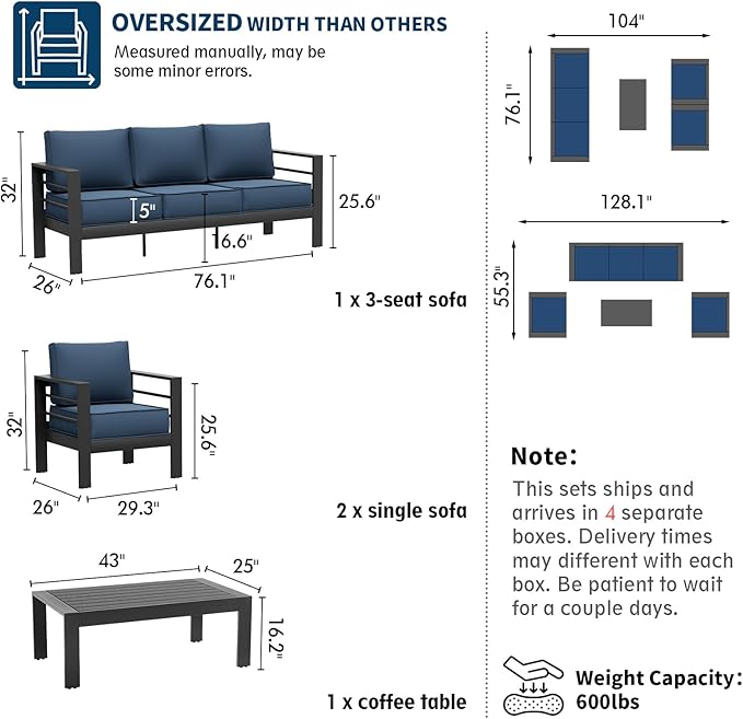 UDPATIO 6 Piece Aluminum Patio Furniture Set, Oversized Modern Outdoor Furniture Set with Olefin Fabric Cushion for Patio Deck Backyard, Dark Grey/Navy(with Waterproof Covers)