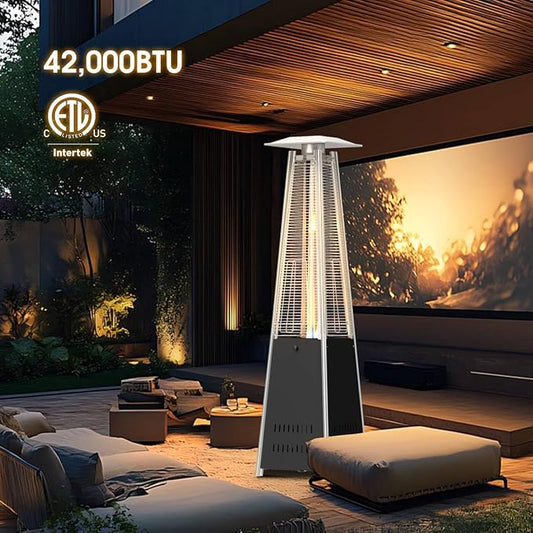 Outdoor Heaters for Patio 42,000BTU, Pyramid Patio Heater Quartz Glass Tube, Outdoor Heater Safety Protection System, Propane Heater with Wheels for Commercial & Residential, Black