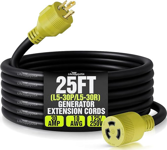 25ft Generator Extension Cord 30 AMP 3-Prong (L5-30P/L5-30R) - 10AWG3 125/250V STW - Hook and Loop Strap ETL Listed by LifeSupplyUSA