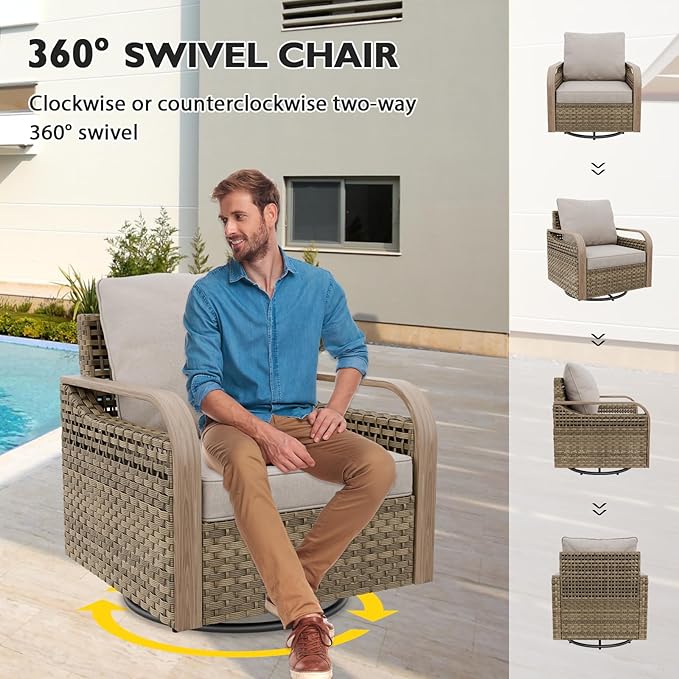 EAGLE PEAK Modern Wicker Outdoor Patio Furniture Set, Patio Conversation Set, 2 Swivel Rocking Chairs, 3-Seat Loveseat, 2 Ottomans and Coffee Table, 6 Pieces, Brown/Gray