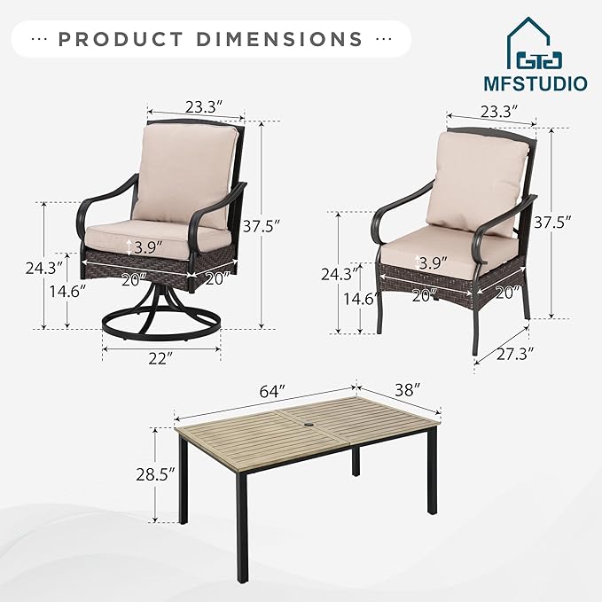MFSTUDIO 7 Pieces Outdoor Dining Sets for 6, Wicker Swivel & Leg Chairs and Wood-Like Metal Table for 6, Heavy Duty Patio Dining Furniture Rectangular Table and Chairs, Deck, Porch