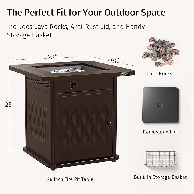 EAST OAK 28" Outdoor Propane Fire Pit Table | 50,000 BTU Gas Fire Pit Table for Outside with Magnetic Lid | Storage Basket & Lava Rocks | CSA Certified for Patio, Garden & Backyard | Brown