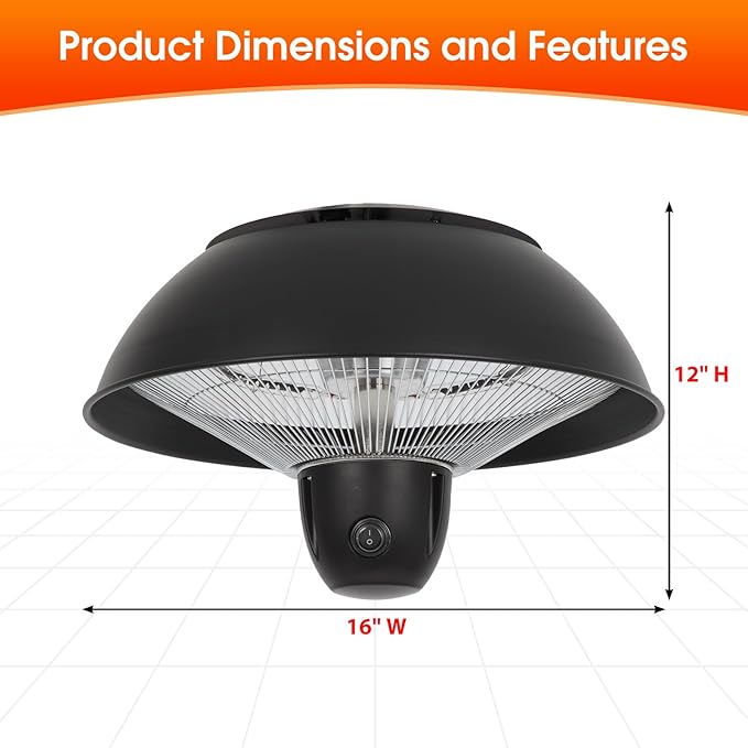 Infrared Hanging Electric Patio Heater W/Remote, Ceiling Mounted, 1500W, Indoor/Outdoor, IPX4 Water-Resistant, 360° Heat, 6.5’ Radius, 3-Second Warm-Up