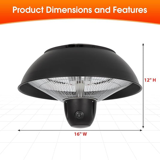 Infrared Hanging Electric Patio Heater W/Remote, Ceiling Mounted, 1500W, Indoor/Outdoor, IPX4 Water-Resistant, 360° Heat, 6.5’ Radius, 3-Second Warm-Up