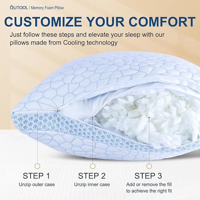 QUTOOL Enhanced Cooling Pillows Standard Size Set of 2,CertiPUR-US Shredded Memory Foam Pillows 2 Pack for Hot Sleeper,Adjustable Bed Pillow for Side,Back,Stomach Sleepers Support Yet Soft,Home Gifts