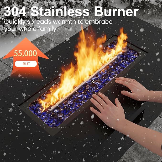 42" Propane Fire Pit Table Set with Tank Holder, Rectangle 2-Piece Outdoor Firepit Wind Guard, Lid, Glass Stones and Cover
