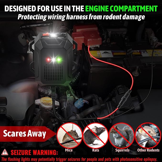 Ultrasonic Rodent Repellent for Car Engines, 12V 24V Wired Ultrasonic Mouse and Rat Deterrent with LED Strobe Lights and Remote Control, Under Hood Animal Repeller for RVs Trucks Vehicles, Pack of 2