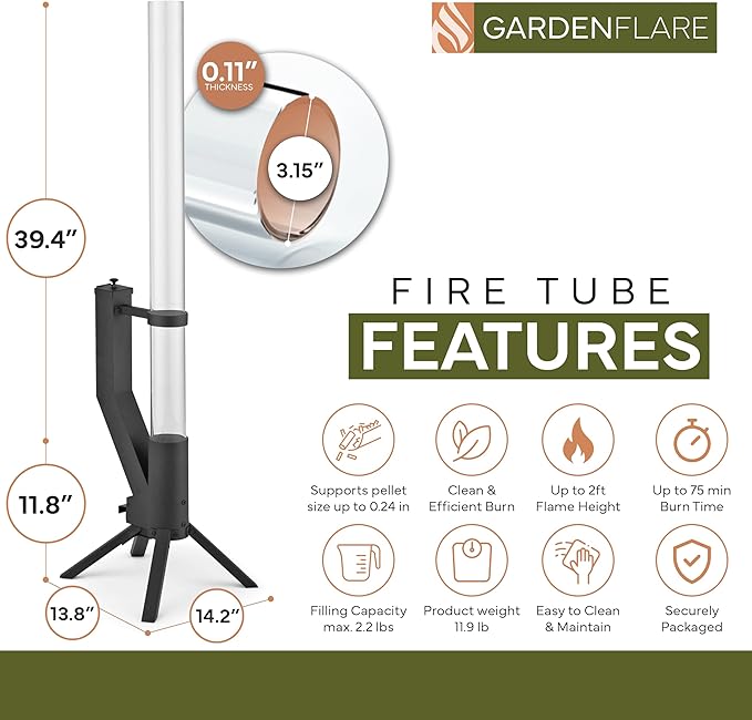 Smokeless Fire Pit - Outdoor Wood Pellet Fire Tube Stainless Steel firepit for Ambience Fire on Your Backyard, Patio, Porch & Garden (Matte Black, Classic)