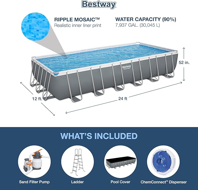 Bestway Power Steel 24' x 12' x 52" Rectangular Metal Frame Above Ground Swimming Pool Set with 1500 GPH Sand Filter Pump, Ladder, and Pool Cover