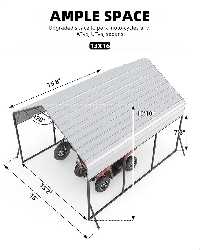 13x16 FT Metal Carport Heavy Duty Car Ports Reinforced Frame, Galvanized Steel Roof and Enhanced Base All-Weather Outdoor Shelter for Cars, Bass Boats, Full-Sized Pickup Trucks, Tractors