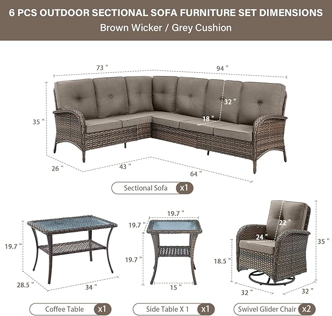Belord Outdoor Furniture Set - 6 Pieces Patio Conversation Sectional Sofa Set with Swivel Rocker Outdoor Chairs Set of 2 and Wicker Coffee Table for Deck Backyard Sunroom Brown