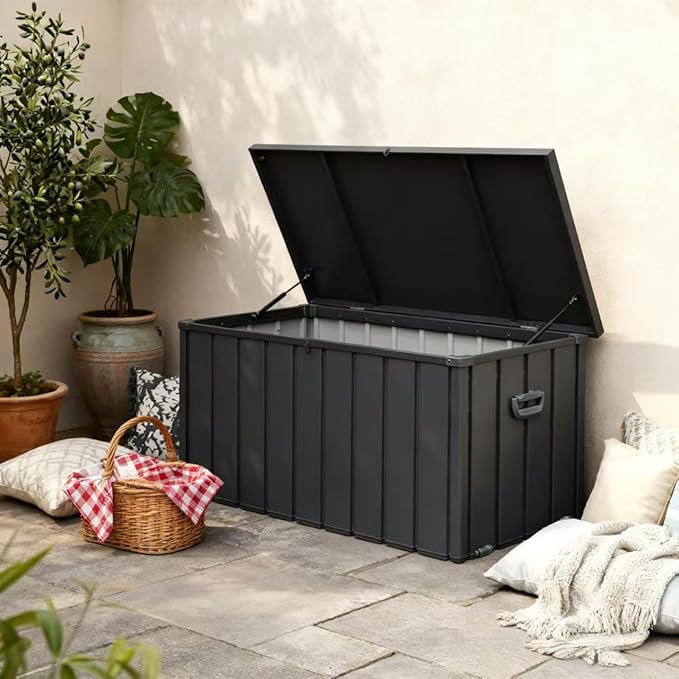 JOSHEN 200 Gallon Outdoor Storage Deck Box with Lockable and Mobile Roller,Large Steel Container Bin with Waterproof and UV Resistant for Garden,Patio,Dark Gray