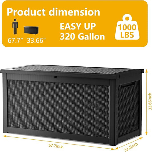 320 Gallon Deck Box, Resin Outdoor Indoor Waterproof Storage Box, Lockable Storage Box With Handle for Patio Furniture - Garden Tools - Swimming Pool Tools UV-Resistant - Black (320)