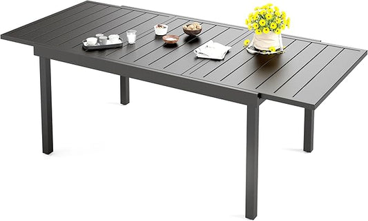 HERA'S HOUSE Expandable Patio Dining Table, Rectangular Black Metal Outdoor Deck Table for 8 Person