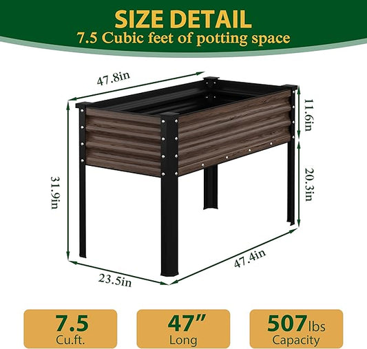 Galvanized Raised Garden Bed with Legs, 48" W x 24" D x 32" H Large Metal Elevated Raised Planter Box with Drainage Gaps for Backyard, Patio, Balcony, 507lbs Capacity, Rustic