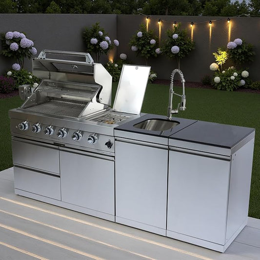BBQ Island Outdoor Kitchen: 84-Inch 4-Burner 72000 BTU Modular Outdoor Kitchen with Grill + Sink + Storage Cabinet & Rotisserie Kit - BBQ Grill Islands Built-in Combo