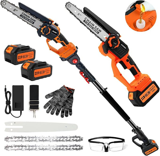 Autubin 8'' Electric Pole Saws for Tree Trimming, Cordless 2-in-1 Pole Saw & Mini Chainsaw with Extension Pole, Battery Powered with 2x4.0Ah Batteries and Charger, Max 16FT Reach for Pruning