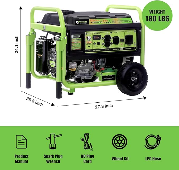Green-Power America Dual Fuel Portable Generator 10000 Watt,Gas or Propane Powered,Electrical/Recoil Start, Equipped with CO-Seizer CO Protection System