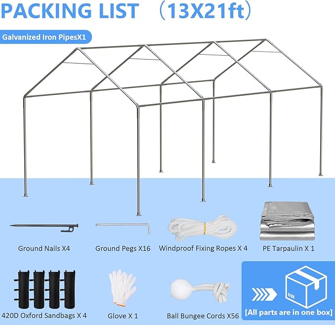 Carport 13x21ft Heavy Duty Large Outdoor Storage Shed with Roll-up Windows, Portable Garage w/Removable Sidewalls & Doors, Car Canopy Tent w/Sandbags & Tarp for Car Boat Truck