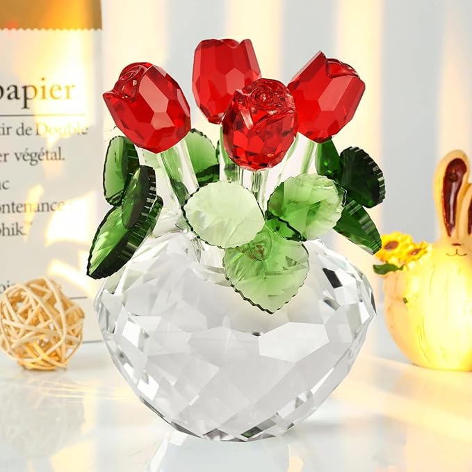 Crystal Roses Figurines,Valentine's Gifts for Women,Crystal Flowers Mom Girlfriend Wife Glass Flowers for Mother's Day,Birthday,Wedding,Anniversary Collectibles（Red）