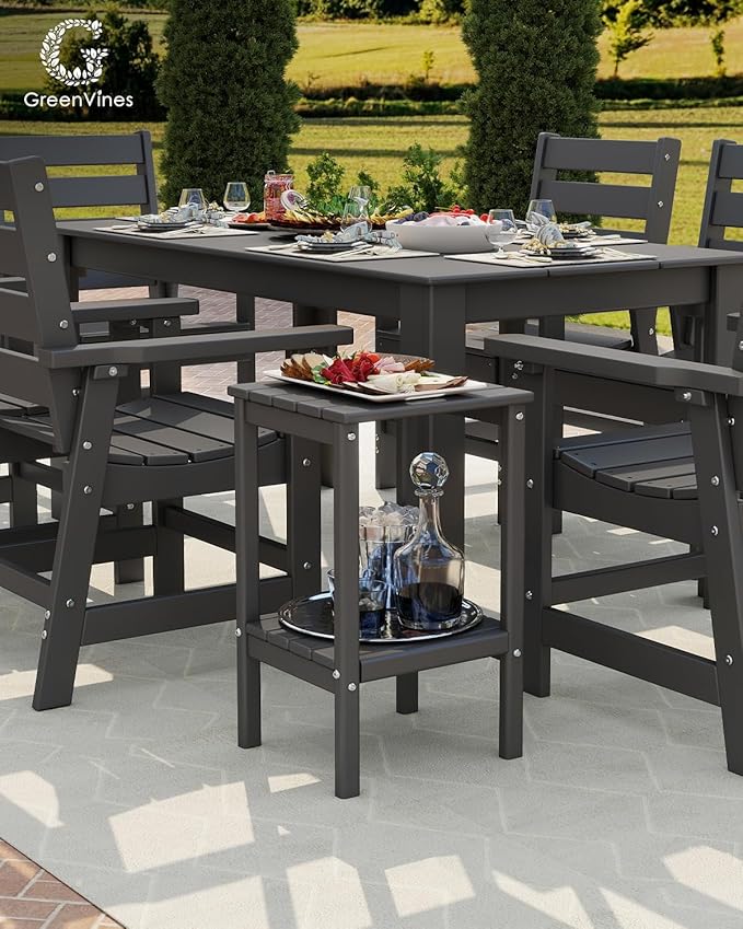 GREENVINES Tall-Outdoor-Side-Table | 23.5" | HDPE Plastic | Patio Adirondack End Tables | All Weather | 2-Tier | Grey | for Porch Garden Indoor & Rocking Chairs