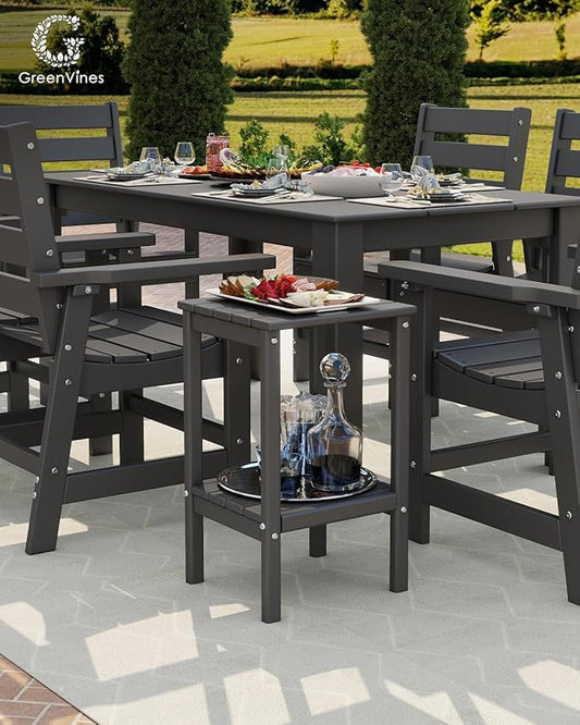 GREENVINES Tall-Outdoor-Side-Table | 23.5" | HDPE Plastic | Patio Adirondack End Tables | All Weather | 2-Tier | Grey | for Porch Garden Indoor & Rocking Chairs