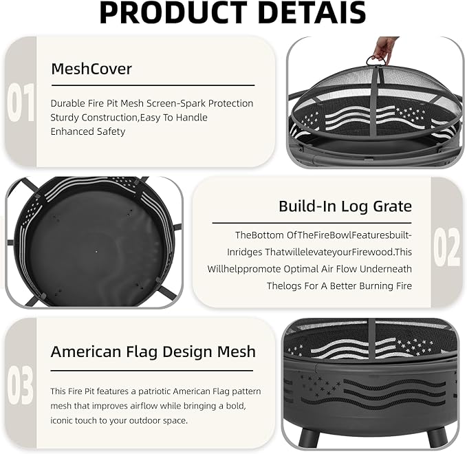 Breezz 32 Inch American Flag Fire Pit with Mesh Cover & Poker, Round Metal Wood Burning Outdoor Firepit for Patio, Garden, Backyard, Bonfire, Ideal for 4th of July, Memorial Day, Christmas