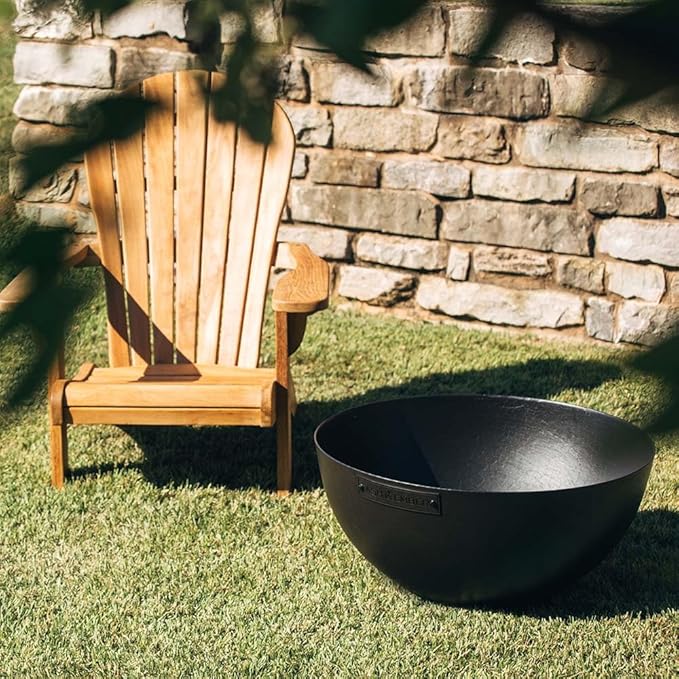 Ash & Ember 29" Hemisphere Fire Pit, Wood Burning Outdoor Fire Bowl, High-Temp Black Paint Over Cast Iron, Half-Sphere Outside Fireplace with Flanged Edge and Stable Base