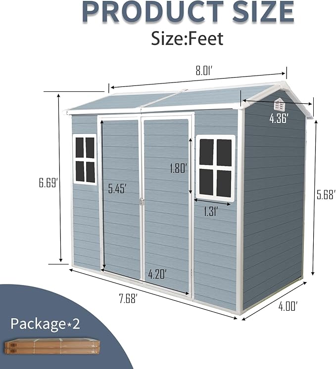 8x4 ft Outdoor Resin Storage Shed with Floor, Waterproof Plastic Garden Shed with Lockable Door and Two Windows, All-Weather Tool Sheds for Backyard, Patio, Lawn (Grey)