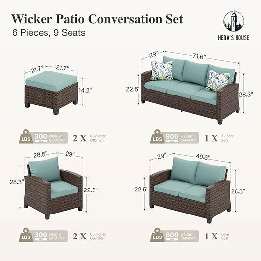 HERA'S HOUSE Wicker Patio Furniture Set, Outdoor Sectional Conversation Sets, 6 Pieces 9 Seats Waterproof Deck Backyard Lawn Furniture, Blue