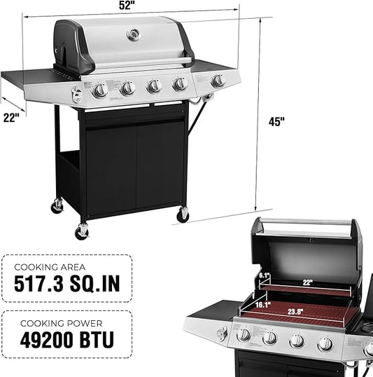Lyromix 4 Burners Gas Grill with Side Burner, Propane Grill with Wheels and Storage, Outdoor Gas BBQ with Oil Tray and Thermometer for Patio and Party, 49200 BTU
