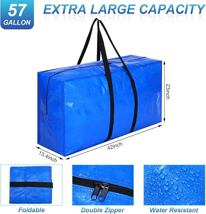 Windyun 4 Pack 57 Gallon Extra Large Storage Bags XXL Moving Bags with Zipper Handles Heavy Duty Jumbo Big Tote Box for Christmas Tree Storage 4, 5, 7.5, 9, 10, 12 ft Skeleton College Dorm(Blue)