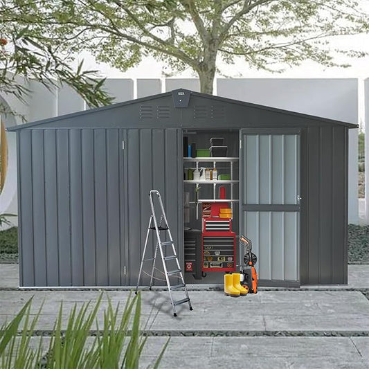 Backyard Storage Shed 11x9ft with Windows, Dark Gray Galvanized Steel Garden Shed - 630 Cu.Ft Outdoor Utility Shed, Lockable Double Doors & Sloped Roof for Patio