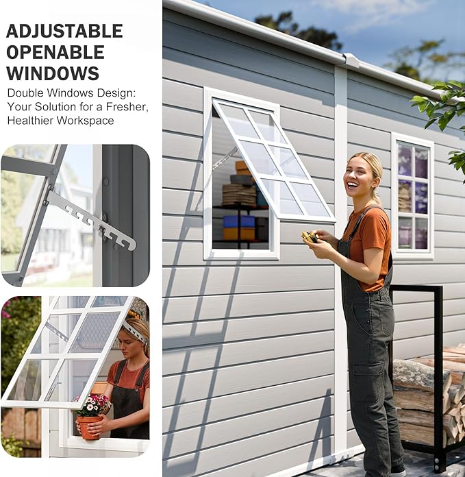 CDCASA 4x8 FT Resin Lean to Shed, Waterproof Outdoor Storage Sheds with Floor & Adjustable Openable Windows, Outside Plastic Tool Shed for Backyard Patio Poolside Garden, Gray