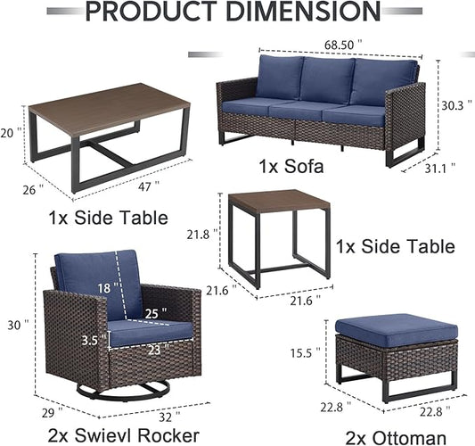 7 Piece Wicker Patio Furniture Set - Outdoor Swivel Rocker Chairs Set with Coffee Table, Side Table, 3 Seat Sofa & Ottomans, Small Patio Conversation Sets for Balcony Deck - Brown/Blue
