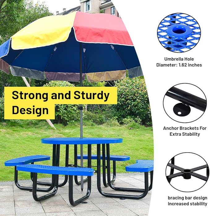 Rueekfil 46" Thermoplastic Picnic Table with Umbrella Hole up to 1.5", Heavy Duty Commercial Picnic Table for Outdoor, Family & Party Ready for School Camping, Round, Blue