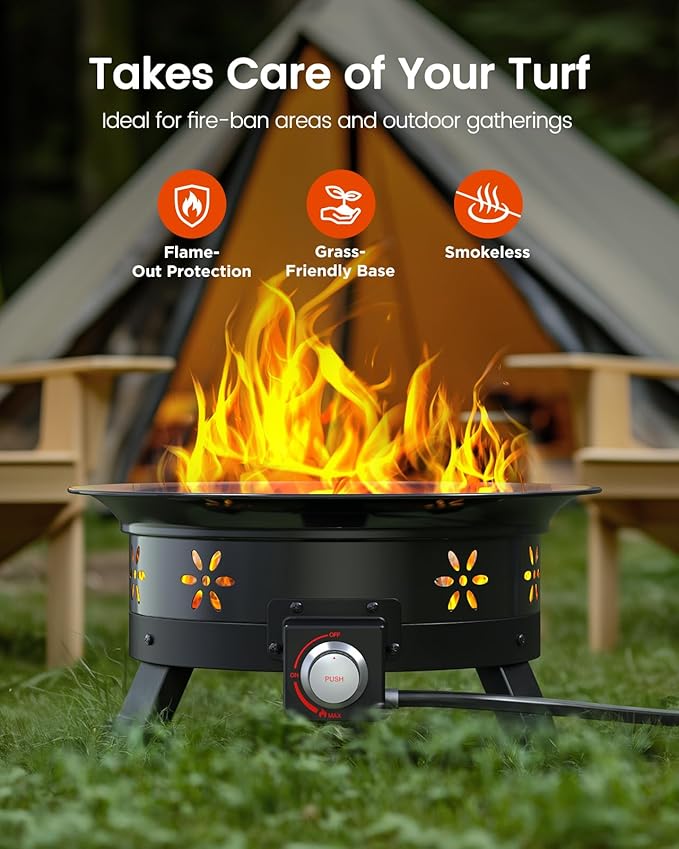 AMADA HOMEFURNISHING 24″ Propane Fire Pit with Grill Grate, 58,000 BTU, Folding Legs, Propane Tank Holder, Cover, and Carry Strap, No Ignition Needed, Easy Flame Adjustment, Portable