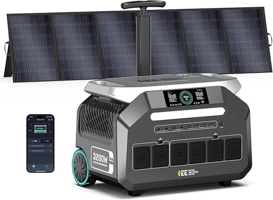 IEE P3200 Portable Power Station 3200W with 500W Solar Panel, 2048Wh Solar Generator, 1800W AC Charging, AC Outlets x 4, LiFePO4 Battery Power Station for Home Backup, Camping, RV, Emergency