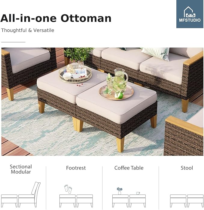 MFSTUDIO 9 Pieces Wicker Patio Furniture Set, All-Weather Rattan Outdoor Conversation Set Half-Moon Curved Patio Sectional Sofa Set for Garden, 4 x Curved Sofa, 1 x Armless Sofa, 4 x Ottomans