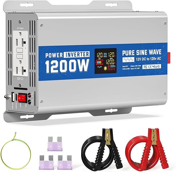 1200W Pure Sine Wave Power Inverter 12V DC to 120V AC Converter 2400 Watt Peak Power Multi-Display Screen with 2 GFCI Outlet 30W USB and 18W Type-C for Car RV Truck Boat Off-Grid, Gray Blue