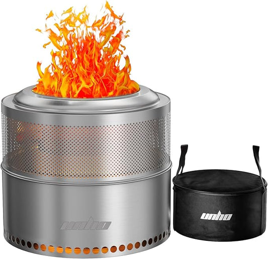 unho 20 Inch smokeless firepit for Outside Wood Burning Stove, Stainless Steel Outdoor Portable Fire Pit for Backyard, Patio, Garden, Picnic
