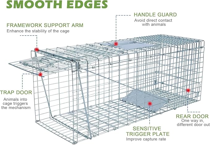 Live Animal Trap Cage with Cover, Cat Trap for Stray Cats 32 Inch Heavy Duty Folding Skunk Traps with Real Door for Raccoons, Opossums, Groundhogs, Skunks, Feral Cats, Squirrels-(32 x 10 x 12 inches)