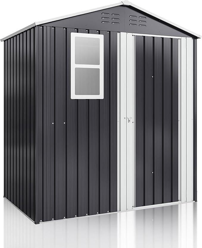 6x4 FT Outdoor Storage Shed, Metal Garden Tool Shed with Updated Frame Structure, Lockable Doors and Windows, Ideal for Backyard Garden Patio Lawn, Grey