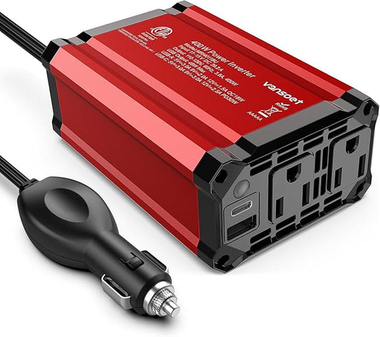 400W Car Power Inverter PD 30W Fast Charging,Vansoet DC 12V to AC 110V Car Inverter Aluminum Housing,USB C PD30W and USB-A QC 18W Port - Dual AC Plug Adapter Outlet for Vehicles,Laptop,Phones,Camera
