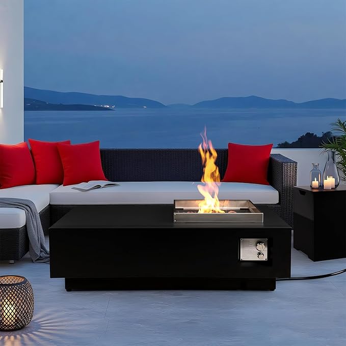 48" Modern Steel Fire Pit Table Set – Low-Profile Propane Gas Fire Table with Tank Cover, 50,000 BTU, for Contemporary Patios & Decks