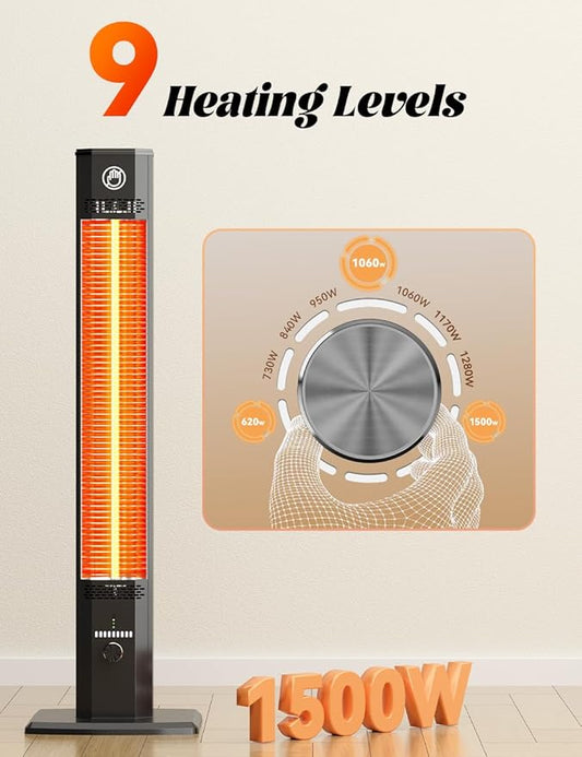 42INCH Outdoor Heater, 9Heat Levels & 540Min Timer, Child Safety Lock, IP65 Waterproof Garage Heater, 1500W Infrared Heating,Tip-Over&Overheat Protection,Patio Heaters for Outdoor Use Indoor