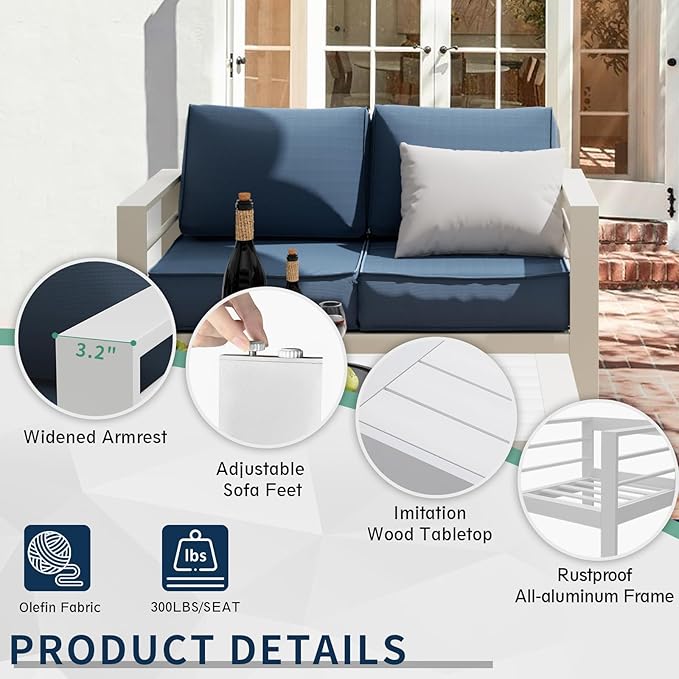 Amopatio Patio Furniture with Fire Pit, 8 Pcs Aluminum Outdoor Metal Patio Sofa Set with Aluminum Fire Pit Table,White&Blue(Included Waterproof Covers)
