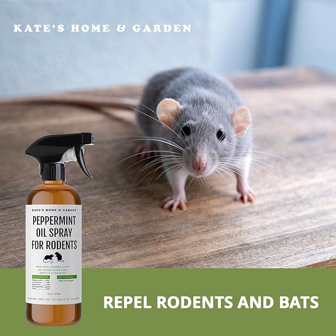 Kate Naturals Peppermint Oil Spray for Rodents, Squirrels, Mouse, Bat, Rat, Car Engines (16oz, Non-Toxic Rodent Repellent, Pet Safe)