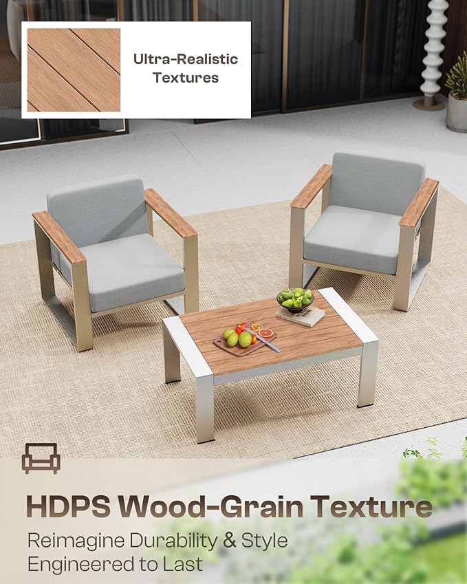Aluminum Outdoor Patio Furniture, 1 Piece Loveseat, All-Weather Outside Sofa for Deck, Porch (Teak-Gray)