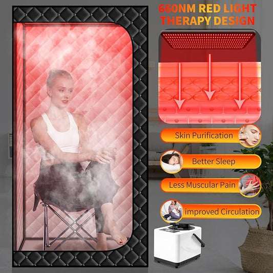 Smartmak Portable Steam Infrared Sauna with 660nm Red Light Therapy Lamp for Home Relaxation, Personal Large Full Body Sauna Spa Tent with 3.0L 1100W Steamer, Remote Control, Folding Chair Indoor Use